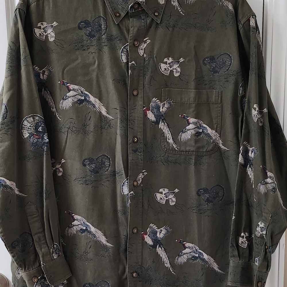 Men's Green Casual Button Down Shirt with Bird Print